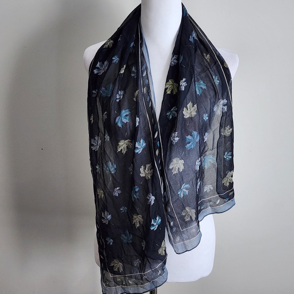 Susan Duggan Silk Scarf Black Blue Maple Leaf Sheer Fall Earthy Botanical Luxury